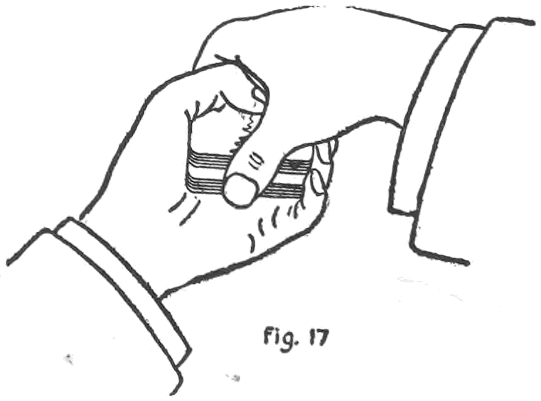 Fig. 17. — The right hand over the deck, holding the ends between thumb and fingers as if to square up, the thumb at the inner end pulling up the in-jog to form a break between the packets.