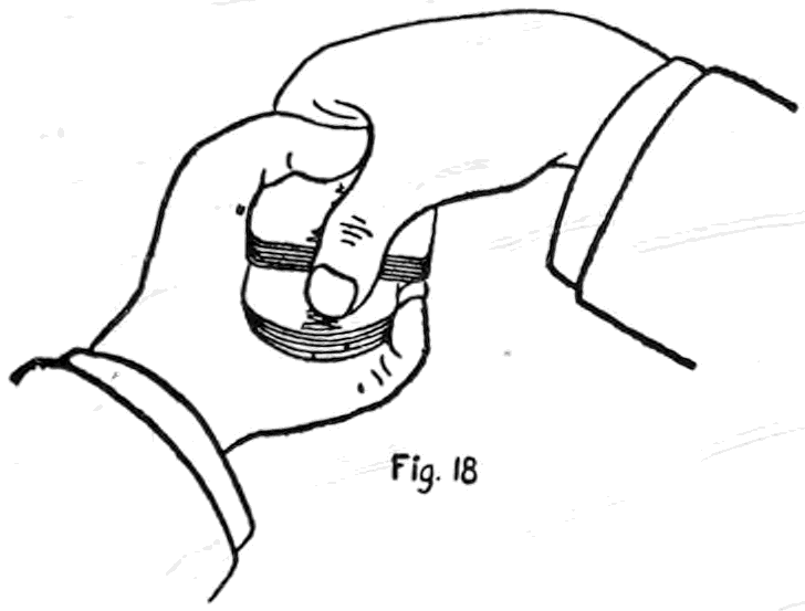 Fig. 18. — Putting in the crimp: under cover of the right hand, the fingers of the left squeeze the under packet against the palm, and the gap between the two packets shows at the end.