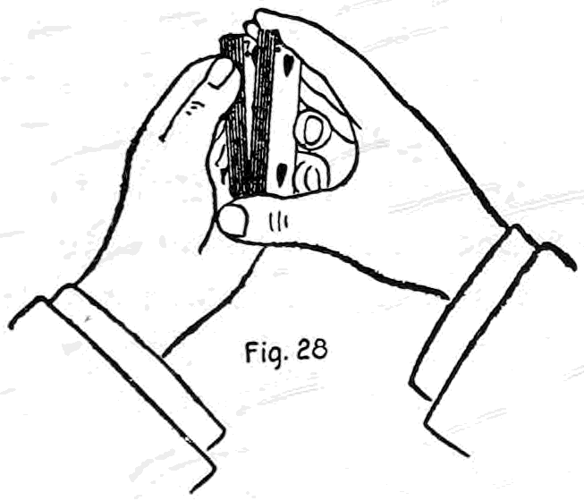 Fig. 28. — Locating cards for stocking: the deck held back to palm in the left hand with the right hand covering the face, the left thumb springing the cards so that the indices can be seen.