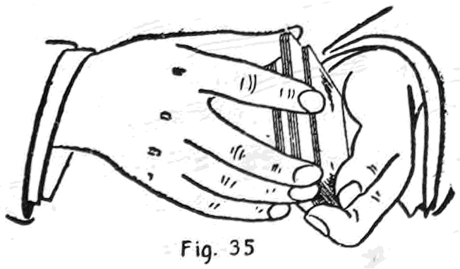 Fig. 35. — The right hand throws to the break, passing all the cards above it into the left hand in one packet with a quick downward motion.
