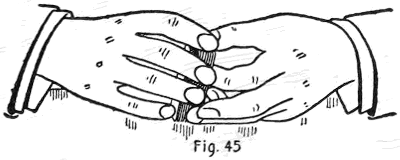 Fig. 45. — The deck lies on its side on the table, the right second finger and thumb at its ends and the left fingers brought round to the end and against the bottom.