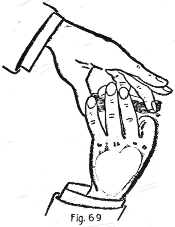 Fig. 69. — The Open Shift prepared: the left hand holds the deck by its sides, the little finger holding the break, while the right second finger and thumb seize the ends near the right corners.