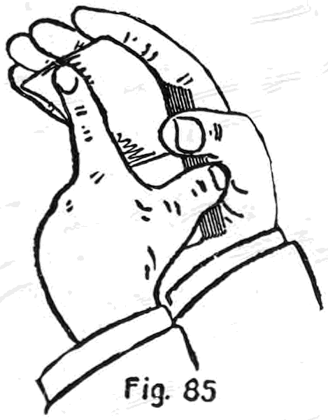 Fig. 85. — The Second Method: the right fingertips lie against the end of the deck while the left hand draws the deck down, leaving the selected card to be pressed into the right palm.