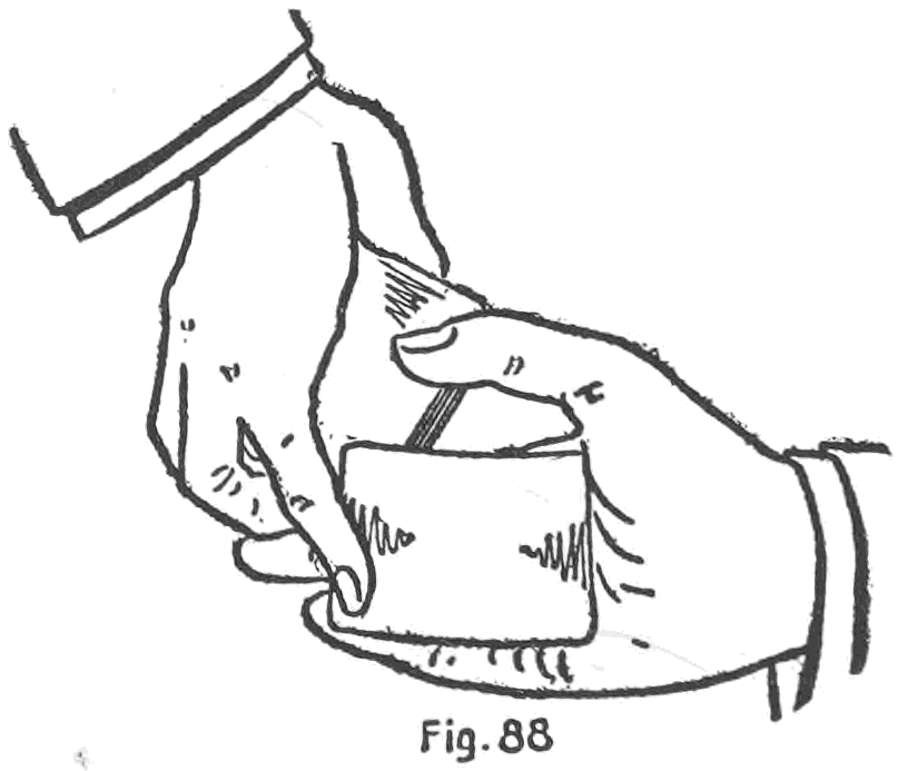 Fig. 88. — The right hand turns over and palms the lower card as it swings out at the upper end, while the left hand keeps the face of the deck in view.