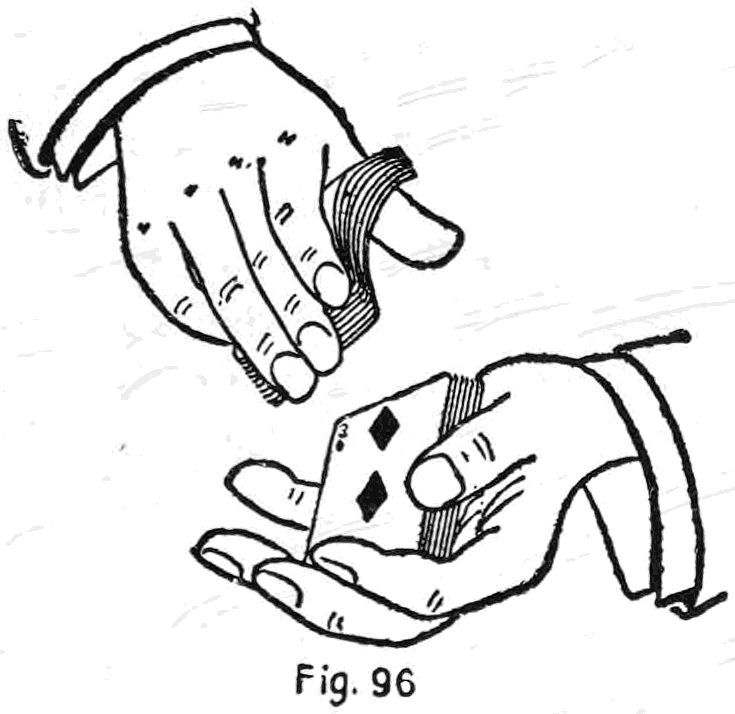 Fig. 96. — The right hand springs the cards from its fingertips into the left hand, stopping for an instant so that one card, the three of diamonds, is fairly exposed.