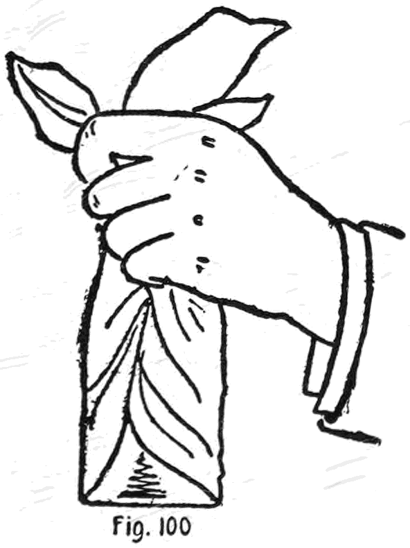 Fig. 100. — The same from the other side: the right hand grips the gathered folds above the deck, whose outline shows through the handkerchief hanging below.