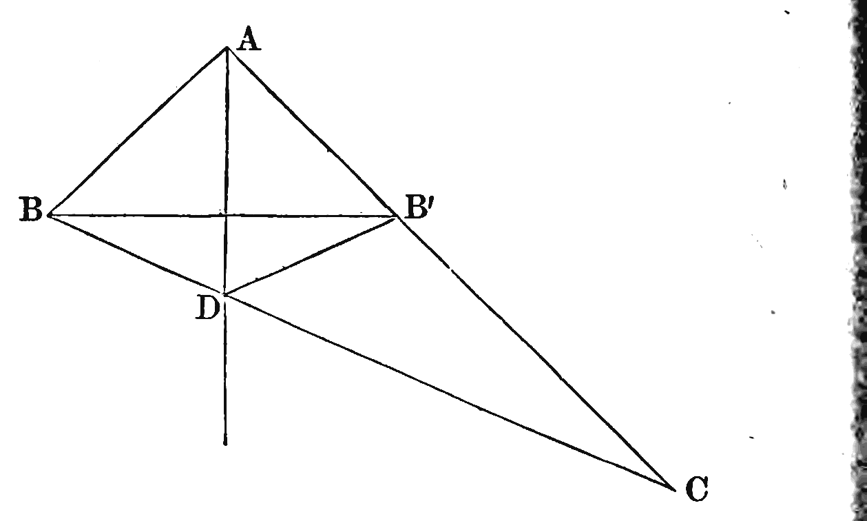 Henrici's substitute for the same Proposition: AD bisects the angle A, and B' is where B falls when the figure is folded along AD, so that DB takes up the position DB'.