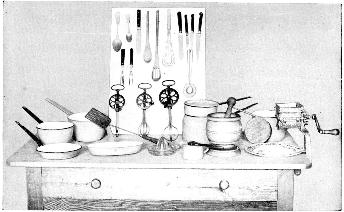 A group of kitchen utensils. — On a kitchen table: enamelled saucepans, a baking dish, a lemon squeezer, a mortar and pestle, a double boiler and a crank grater, before a board hung with spoons, knives, whisks and three Dover egg-beaters.