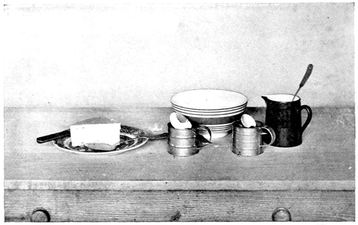 Measuring cups and teaspoons and tablespoons illustrating the measuring of dry ingredients, butter, and liquids. — On a kitchen table: a plate of butter with a knife cut through the block, a mixing bowl, two tin measuring cups heaped with dry ingredients, and a pitcher of liquid with a spoon in it.