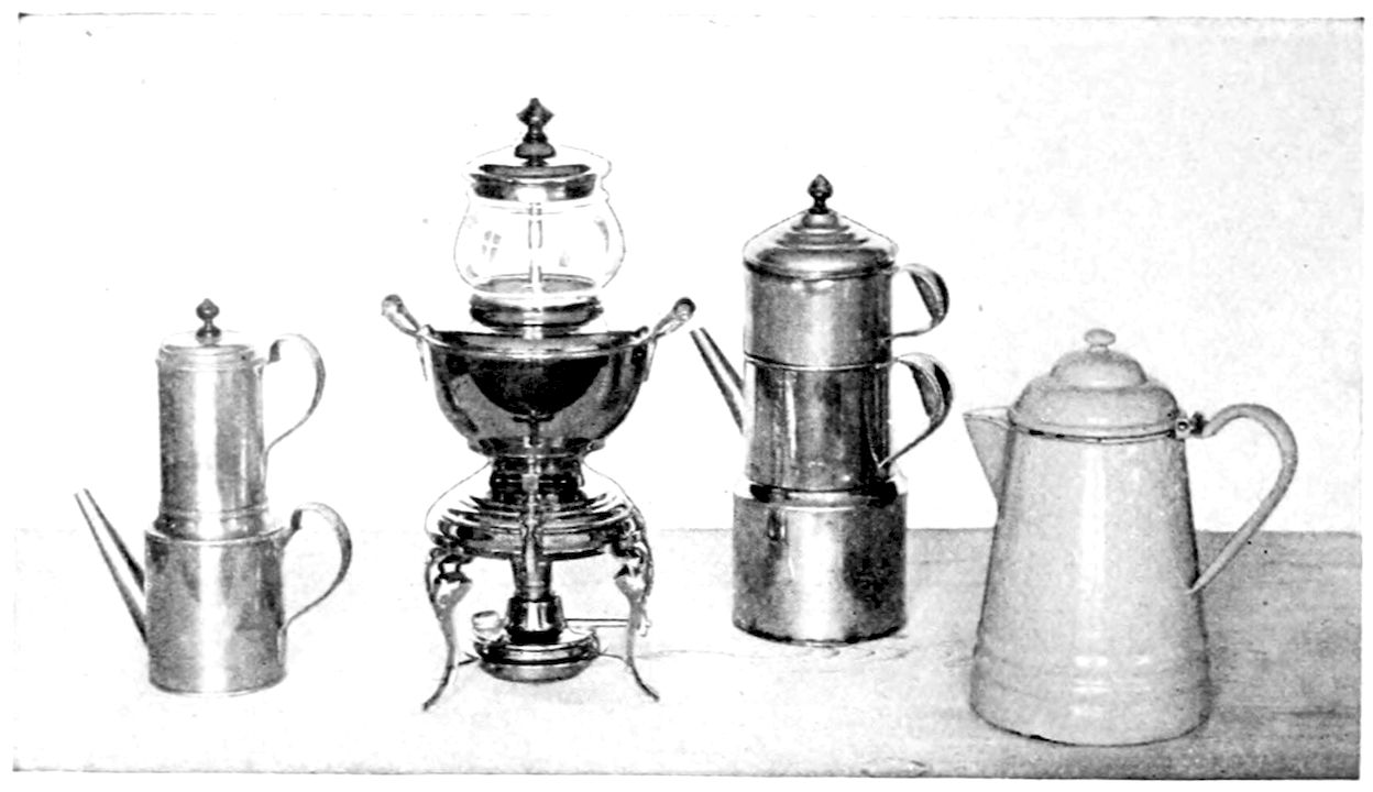 Coffee Percolators and Pot. — Four coffee-pots in a row: a tall tin drip pot, a glass-topped percolator over a spirit lamp on a stand, a tin pot of three stacked sections, and a speckled enamel pot.
