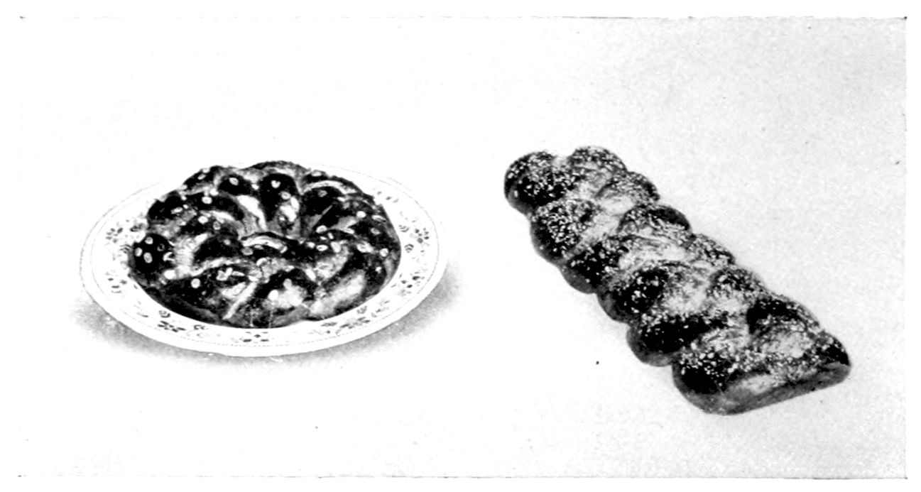 Swedish Tea Ring; Swedish Tea Braid. — At left, the tea ring, a circle of spiralled slices on a flowered plate; at right, the tea braid, a long three-strand plait sprinkled with chopped almonds.