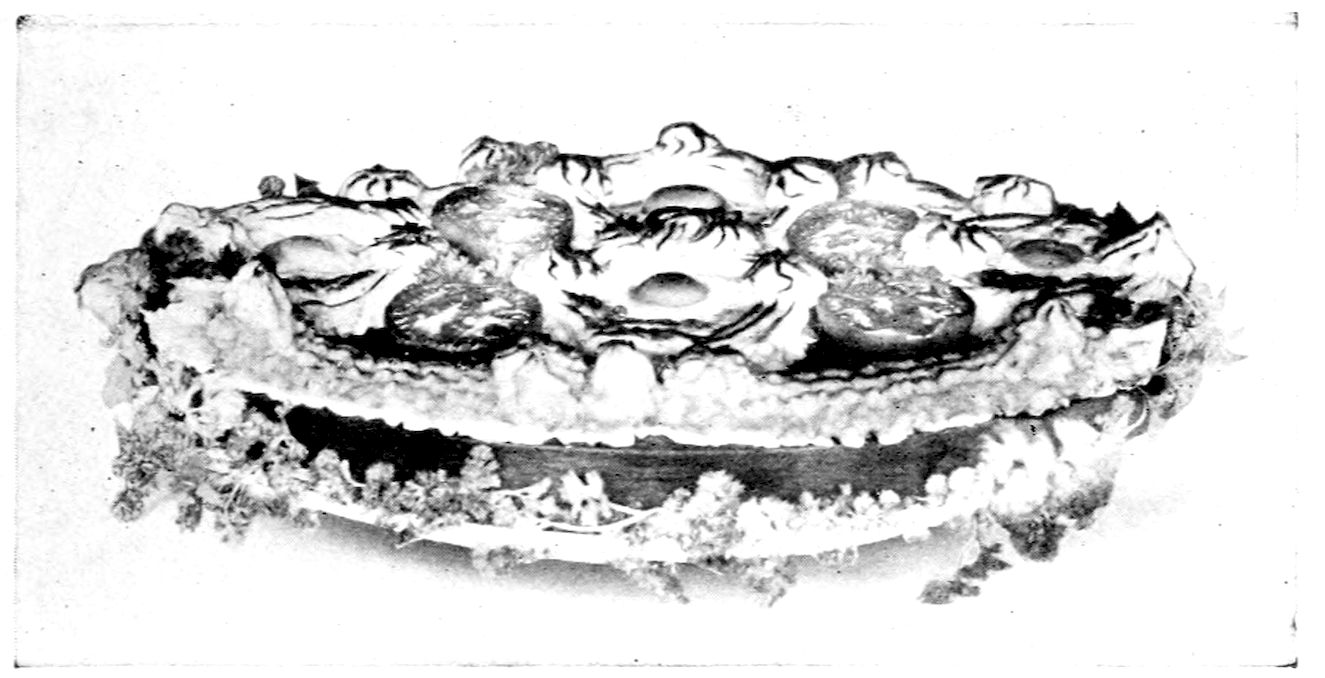 Planked Eggs. — A plank edged with a scalloped border of piped duchess potatoes, with eggs set in potato nests and halved broiled tomatoes between them, and parsley heaped around the plank.