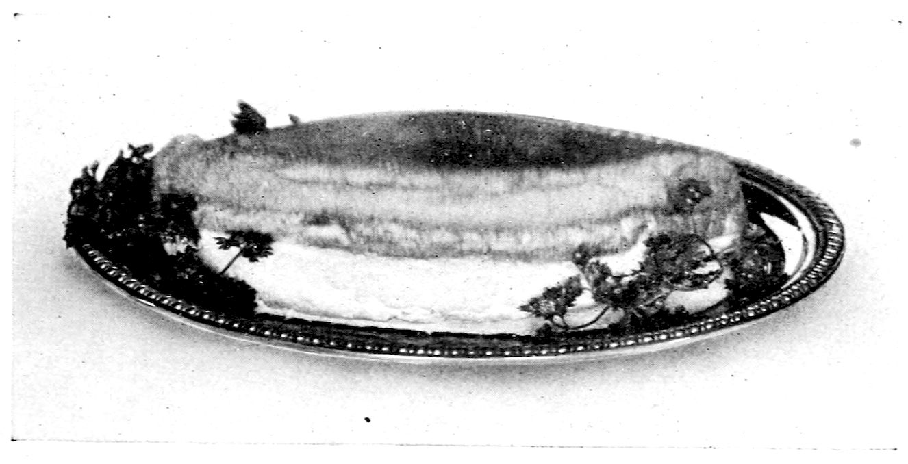 Plain Omelet. — A long, puffed omelet, folded and browned, on an oval silver platter with a beaded rim, with sauce round its base and sprigs of parsley at the ends.