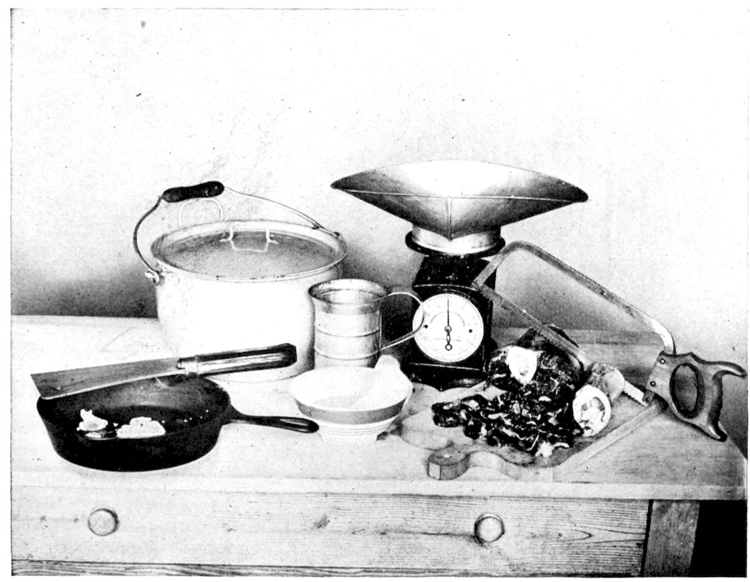 Utensils and Materials for the starting of Brown Soup Stock. — A covered soup kettle, a tin cup, a bowl, a frying-pan of marrow with a knife across it, a pan scale, and a board of cut beef and marrow-bone beside a meat saw.