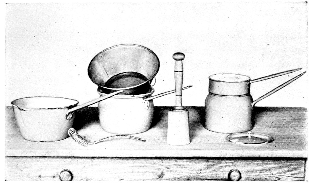 Utensils for making Cream Soups. — A lipped saucepan, a saucepan with a purée strainer set on it, a wooden pestle for rubbing through the strainer, a double boiler with its lid, and a wire whisk.