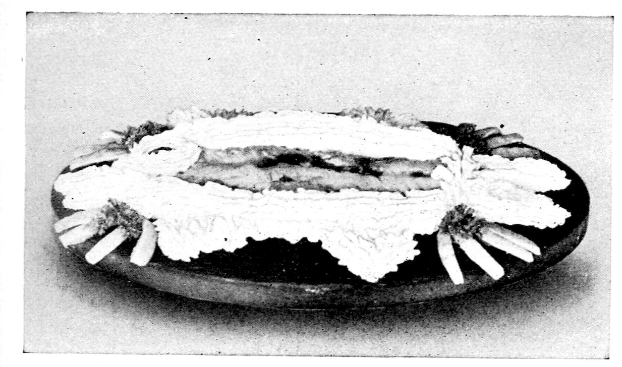 Planked Haddock. — The browned fillets lie on an oval plank inside a border of piped mashed potato shaped into the outline of a fish, with head, tail and fins, and parsley and fanned pale strips at each end.