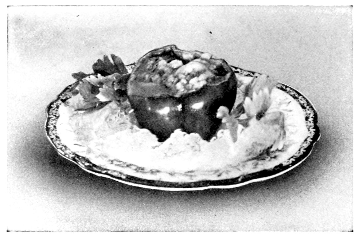 Oyster Cocktail I. — The oysters are served in a green pepper case, its top cut off and the seasoned oysters heaped inside, set on a bed of crushed ice on a gilt-rimmed plate with sprigs of green.