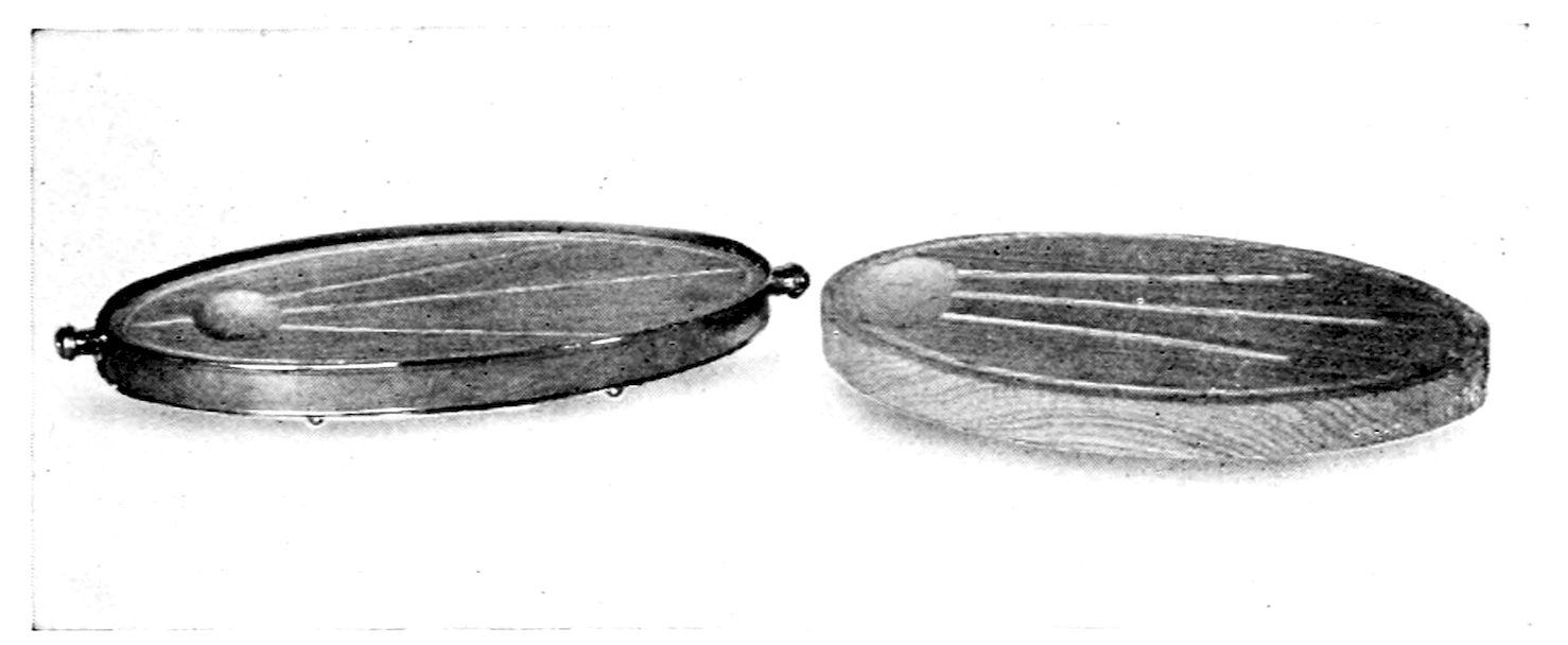 Planks for Planked Dishes. — Two oval planks side by side: at the left one set in a metal frame with knob handles and small feet, at the right a plain wooden one, each carved with grooves running to a well at one end.