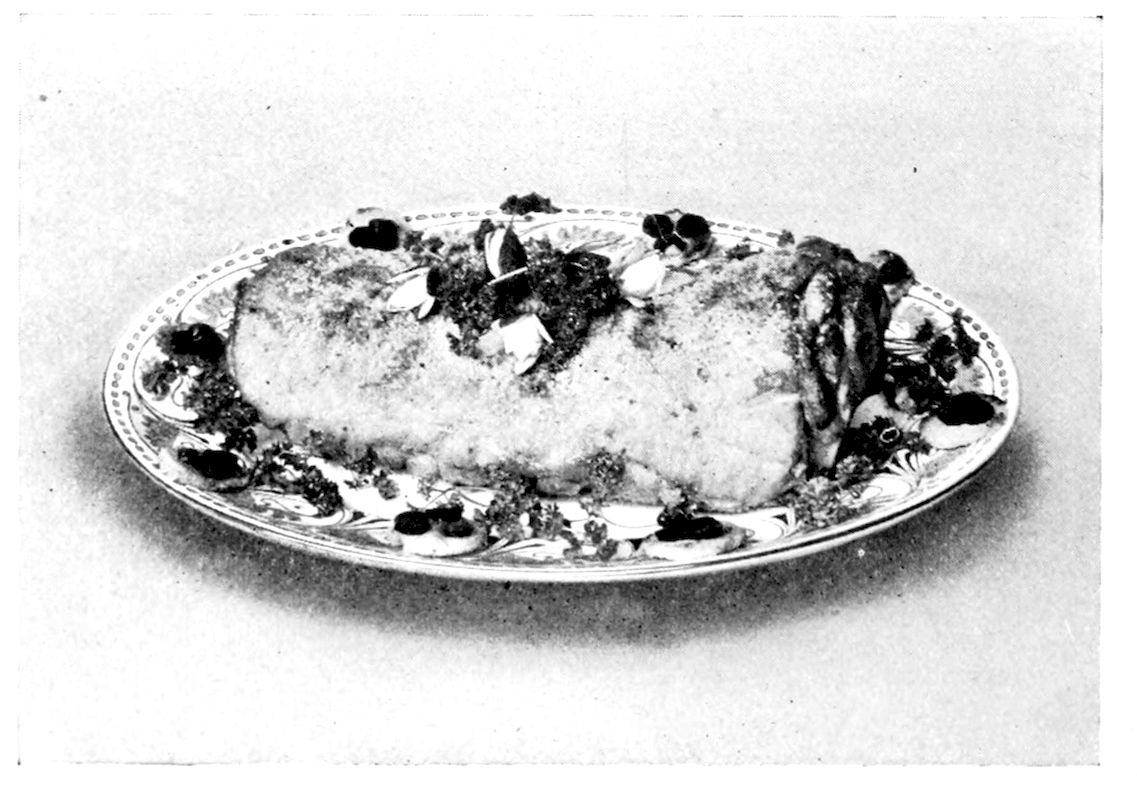 Roast Saddle of Mutton garnished with circular pieces of toast, small circular pieces of currant jelly, radishes cut to represent fuchsias, and parsley. — The crumb-browned saddle lies lengthwise on an oval platter with a painted border, a cluster of the garnish heaped along its top and the rest set in a ring round its edge.