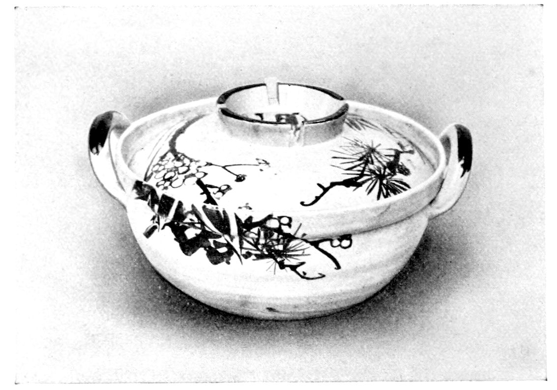 Breslin Potted Chicken in Casserole Dish. — A covered earthenware casserole with two loop handles and a ring-shaped lid knob, painted with sprays of pine and plum blossom; the dish is shown closed, as it is sent to the table.