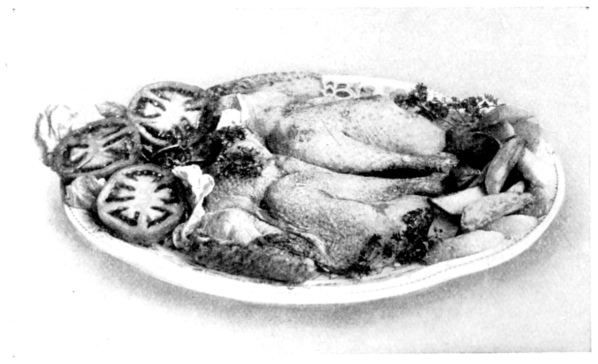 Broiled Chicken garnished with French Fried Potatoes, Slices Broiled Tomatoes, Parsley, and Lettuce. — The split broiled chicken lies skin side up on an oval platter, with thick slices of broiled tomato and lettuce at one end, French fried potatoes at the other, and parsley tucked round it.