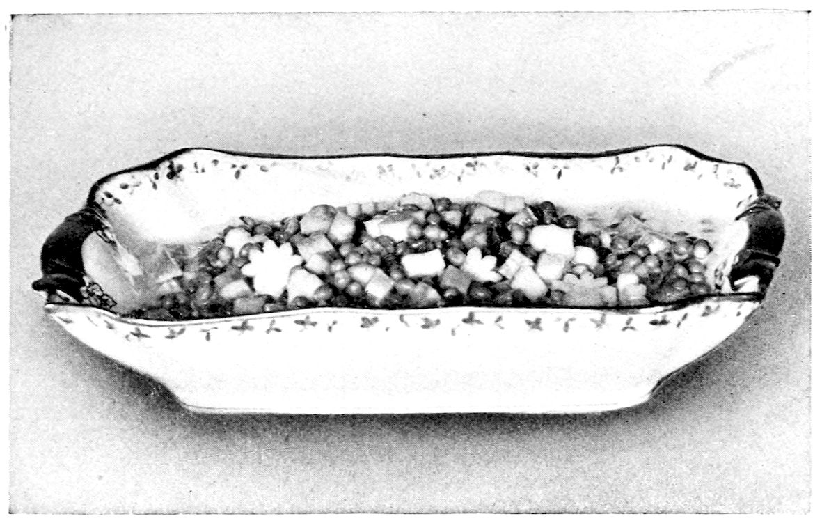 Macedoine of Vegetables à la Poulette. — Carrot and turnip, cut in cubes and flower shapes, are mixed with peas in the sauce in a long scalloped dish with small handles, painted with sprigs.