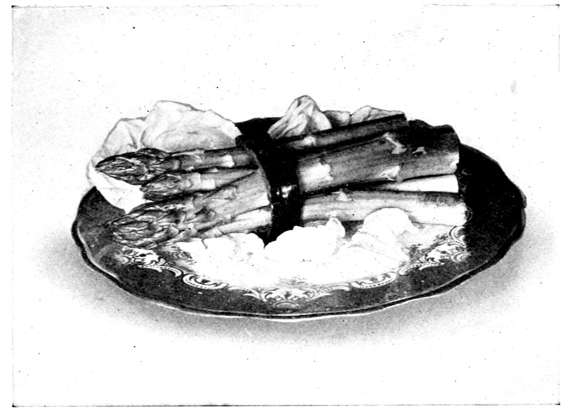 Asparagus Salad, Individual Service. — A bundle of asparagus stalks held together by a dark ring of red pepper lies across lettuce leaves on a plate with a deep, ornamented border.