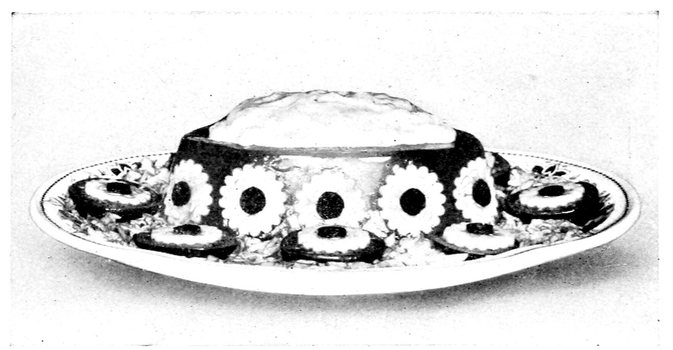Mexican Jelly. — A green jelly ring turned out on a platter, its sides studded with fluted cucumber rounds each centred with truffle, the hollow heaped with mayonnaise, and halved tomatoes topped the same way around the base.