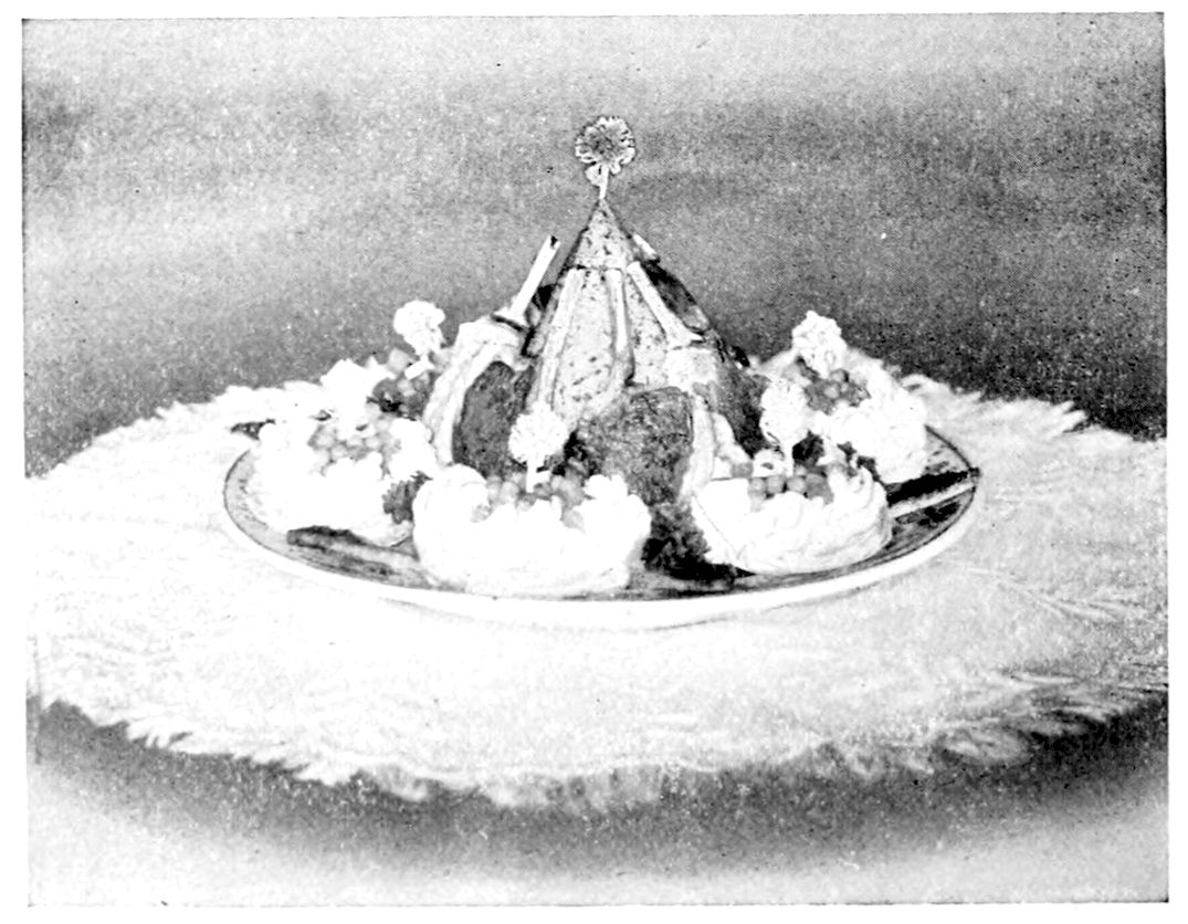 Pan Broiled Lamb Chops à la Lucullus. — Lamb chops lean against a tall cone of moulded mush with their bones pointing upward, a paper frill on the peak, and piped nests with frills filled around the base.
