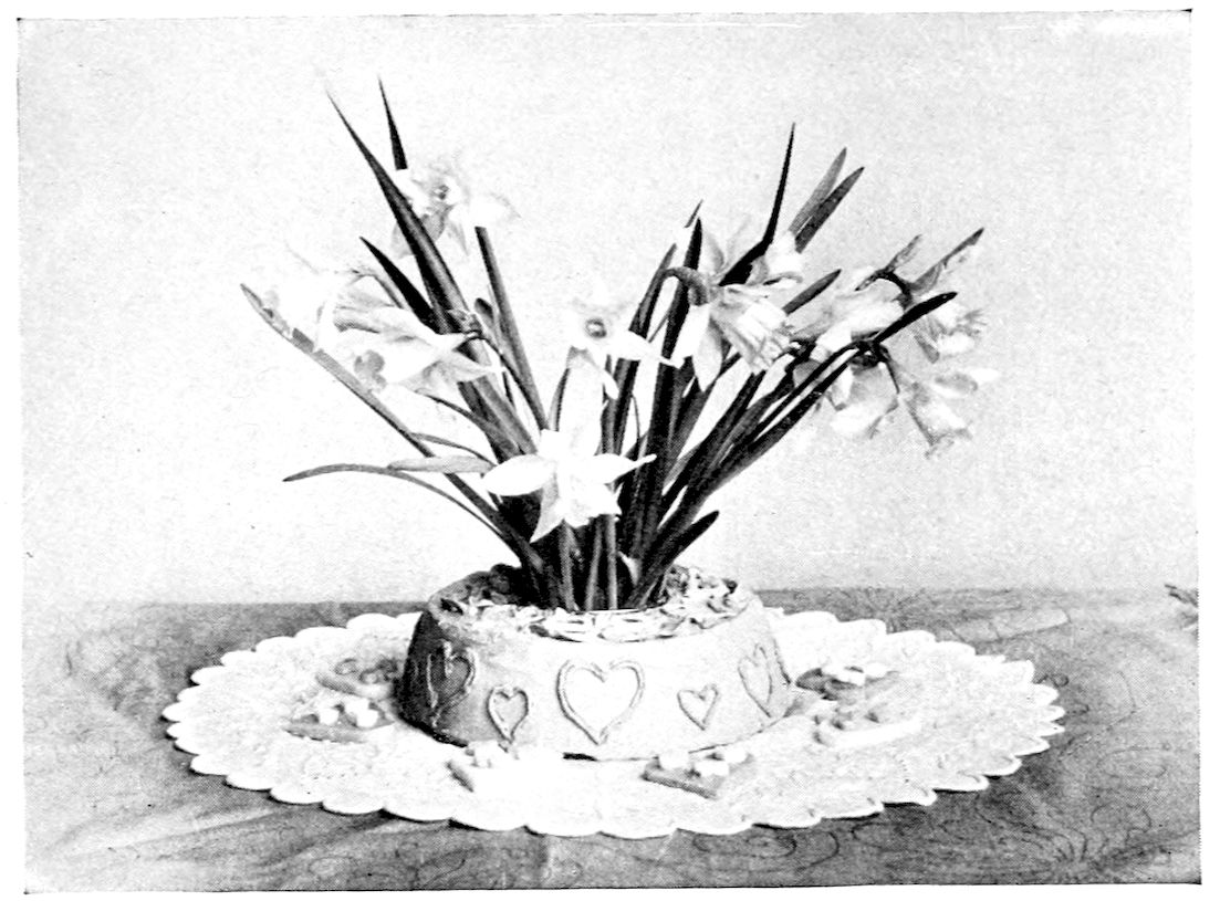 Cake Frosted for St. Valentine’s Day for the use of Mocha Frosting. — A ring-shaped cake decorated around its side with piped hearts stands on a scalloped doily with a bunch of daffodils rising from its centre and small heart-topped cakes set around it.