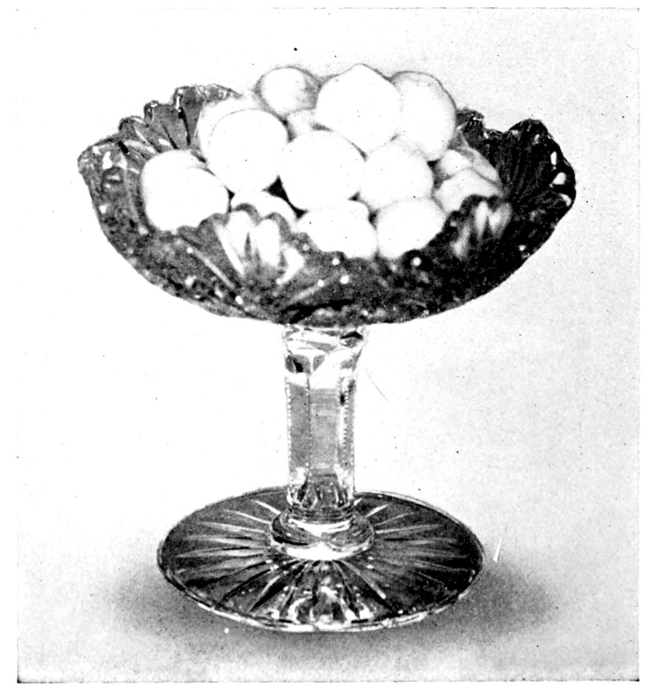 Bonbons. — Round white bonbons heaped high in a cut-glass compote on a tall faceted stem.