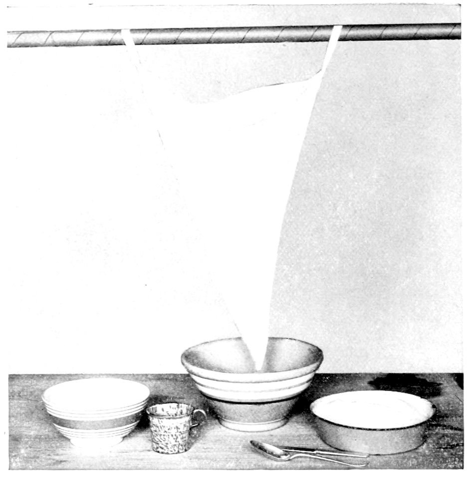 Jelly Bag and other necessary utensils for jelly making. — A cloth jelly bag hangs by two loops from a pole and drips into a striped earthenware bowl, with bowls, a speckled graniteware cup, a shallow pan, spoons and a knife on the table.