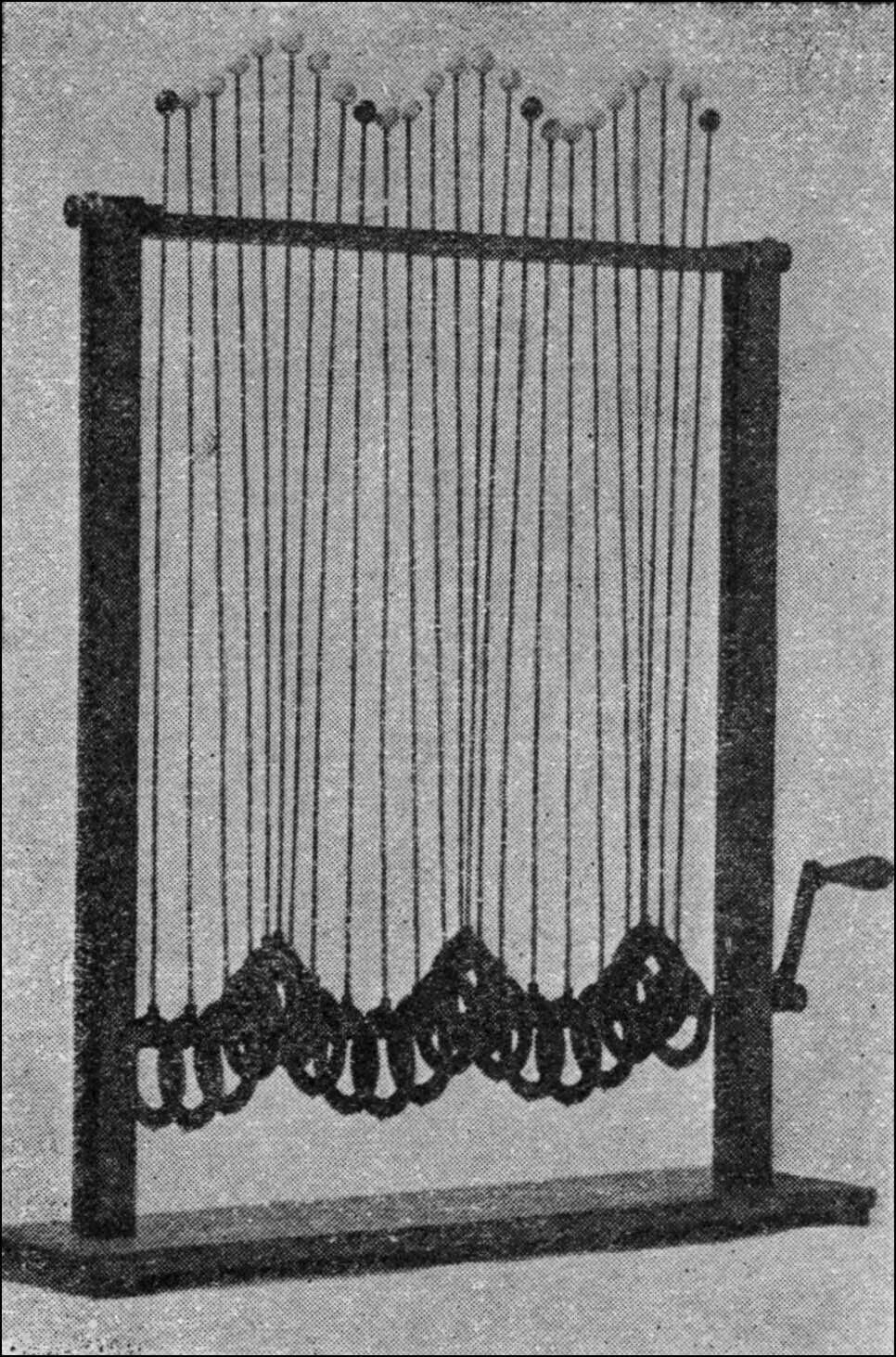 The model of eccentric wheels on a shaft, each with a rod ending in a white ball. Turning the shaft makes each ball rise and fall in turn, so that a wave runs along the line of balls at right angles to their motion — a transverse wave.