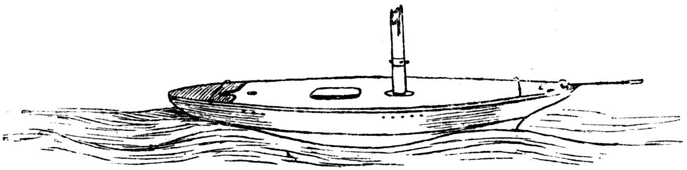 A yacht seen in profile under sail, riding on two cross-waves — one at the bow and one at the stern — with the water surface depressed amidships between them.