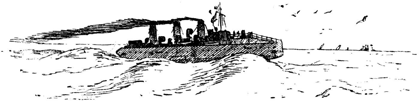 A torpedo-boat destroyer at high speed, her bow forced right up onto the crest of the front transverse wave so that her nose is clear of the water — always, in effect, going uphill.