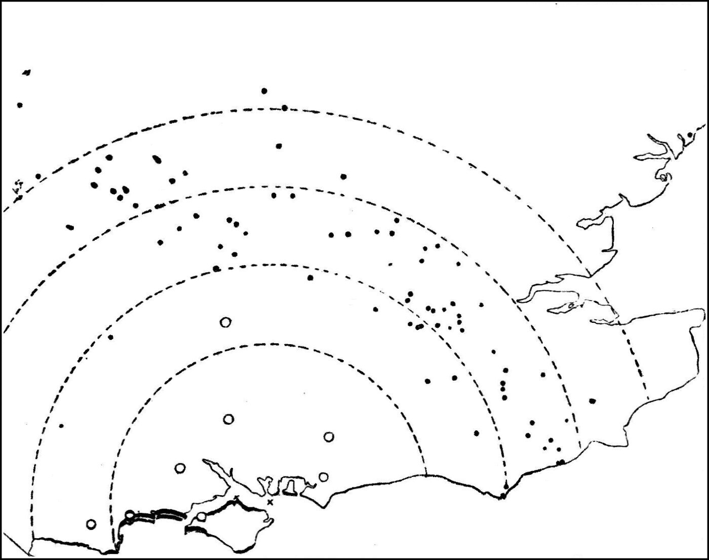 Where the guns were heard. The map records observations from eighty-four places on the day of Queen Victoria's funeral procession across the Solent, the dashed arcs marking distance from the firing ships (× on the coast). Solid dots are places where the salutes were heard; open circles are places where they were not — and almost all the open circles lie close in, inside the ring of solid dots.
