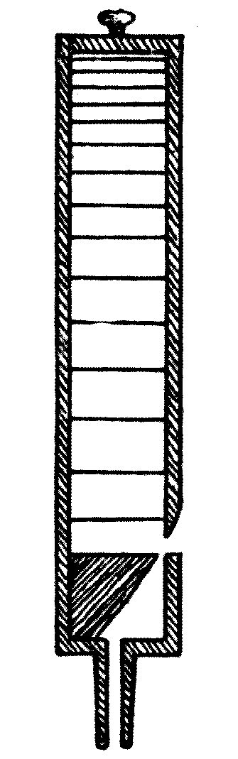 A closed organ-pipe, drawn in section. Air blown in at the foot-tube strikes the sharp chamfer of the mouthpiece and sets the enclosed column into stationary vibration; the note it gives out has a wave-length four times the length of the pipe.