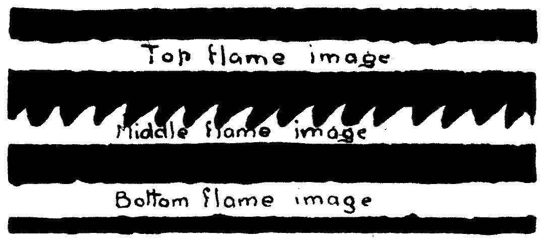 What the revolving mirror shows. A steady flame draws a broad, even band of light; the flame at the middle of the sounding pipe breaks that band into a row of saw teeth, one for every swing of pressure inside.