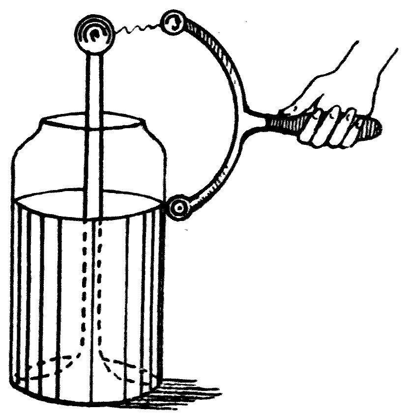 A Leyden jar — a glass vessel with tinfoil on the inside and the outside. Charging it does not fill it with anything: it puts the glass wall itself into a state of electric strain, and joining the two foils with a wire lets that strain unwind in a burst of oscillations.