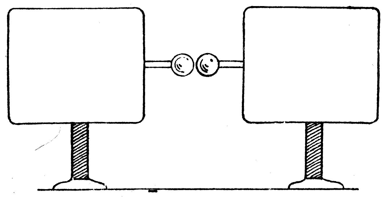 The Hertz oscillator. Two metal plates on insulating legs, with stout wires ending in brass knobs set a quarter of an inch apart — a Leyden jar turned inside out, in which the surrounding air does the work of the glass.