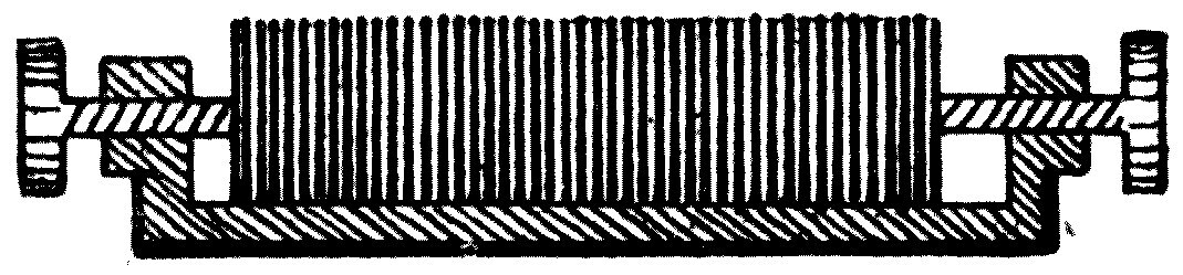 The metal-disc coherer. A row of thin aluminium discs the size of sixpences, resting lightly against one another between two terminal screws, will not pass a current at all — until a spark is made somewhere near, when they cohere, the battery current goes through, and the bell rings.