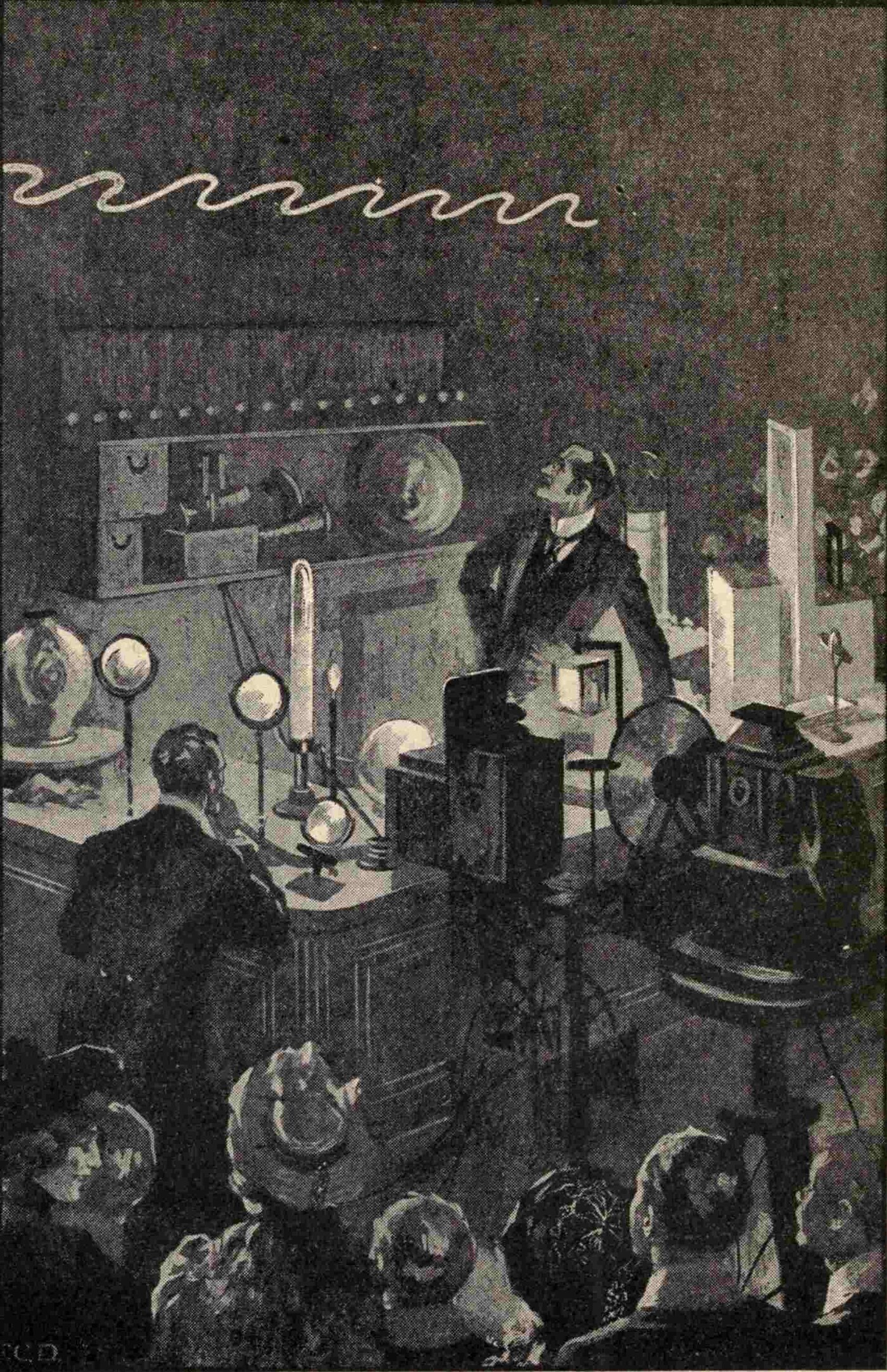 A Christmas Lecture in progress at the Royal Institution — "Waves and Ripples in the Air" — with the lecturer at his bench and the theatre packed with young listeners. Drawn by F. C. Dickinson for the Graphic.