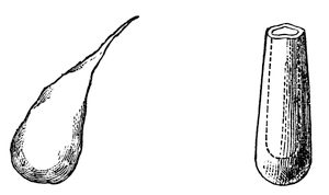 On the left, a Prince Rupert's drop — molten glass dropped into cold water, which flies to powder if the least piece is nipped off its tail. On the right, one of the thick unannealed glass vessels, which falls to pieces at the slightest scratch inside.