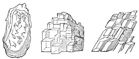 The three stones, left to right. Mica, which splits into leaf after leaf; common salt, which breaks only into squares and cubes; and Iceland spar, which breaks with equally regular polished faces but into sloping rhomboids, never cubes.