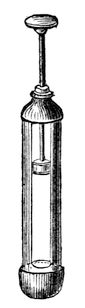 The fire syringe. A pellet of cotton moistened with ether is dropped into the glass tube, and the piston driven suddenly down; the compression of the air alone is enough to fire the ether vapour, and the flame is seen in the lower part of the tube.