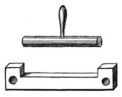 The brass rod with its hole and its gauge. Cold, the rod passes through the hole and fits the gauge exactly; warmed in the spirit lamp, it will barely go in at all.