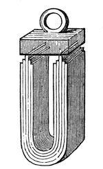 A powerful artificial magnet, bent round so that both its ends come together to increase the attraction. The flat bar laid across them is the keeper, which holds on so strongly that the whole mass can be lifted by it.