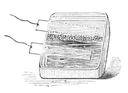 A flat dish of blue sulpho-indigotic acid divided across the middle by a porous dyke of sand, with a pole of the battery dipping into each half. Only the right-hand half is bleached.