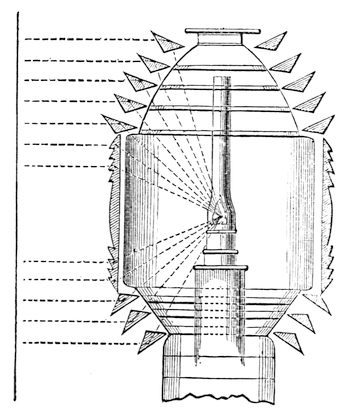 One of Fresnel's lamps of the fourth order. The great lens is built up of ring within ring, each ground to its own curve to correct the aberration, with prisms above bending their rays down into the beam.