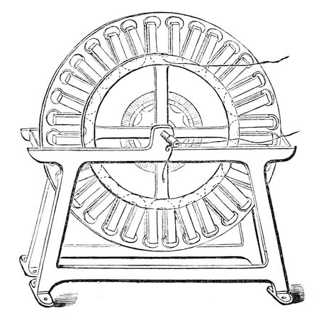 Professor Holmes's magneto-electric machine: magnets set radially on wheels, with coils between them, driven by an engine, so that the light is got by mechanical motion alone and no battery at all.